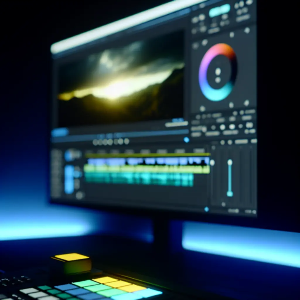 Cinematische videomontage interface met kleurcorrectie op een donker scherm