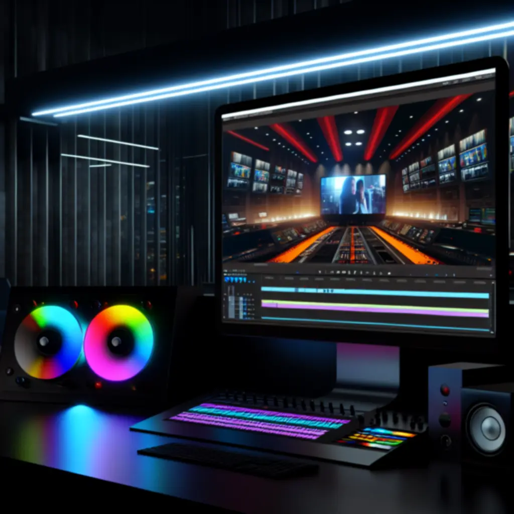 Cinematische montage suite met tijdlijn, kleurcorrectie en audiometers in beeld.