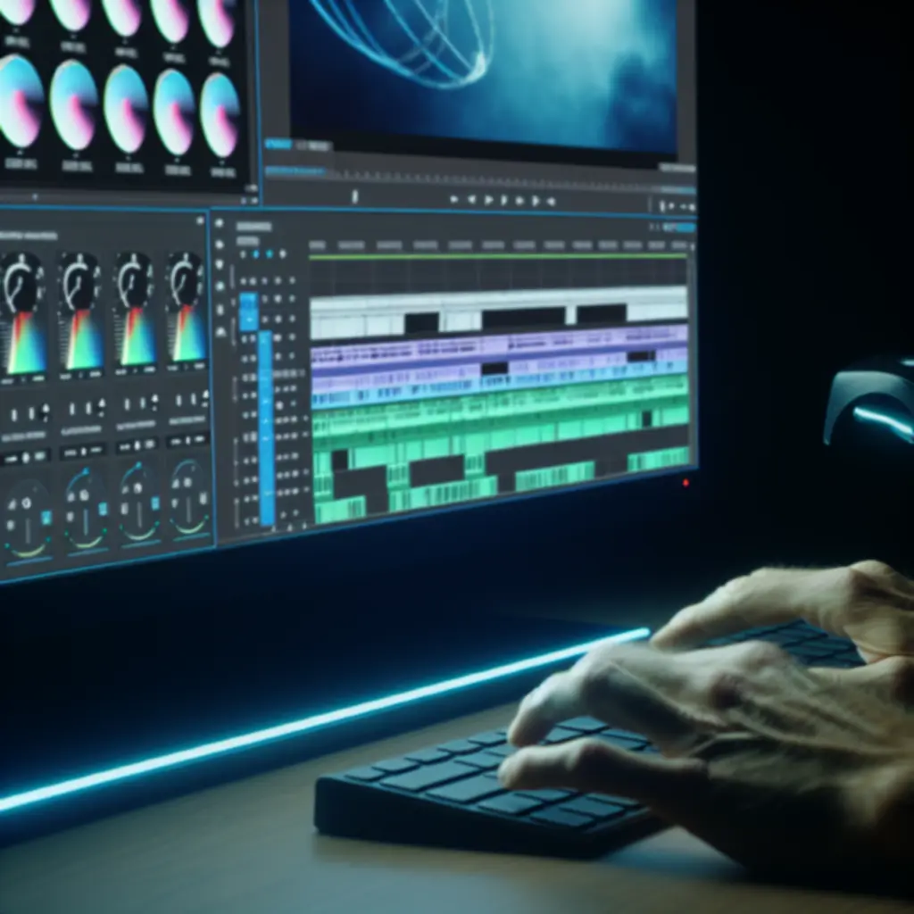 Detail van een bewerkingstijdlijn met kleurcorrectie scopes